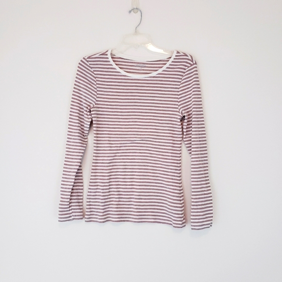 Old Navy Tan White Cream Stripe Long Sleeve Shirt Size Medium Slim Skinny - Picture 1 of 8